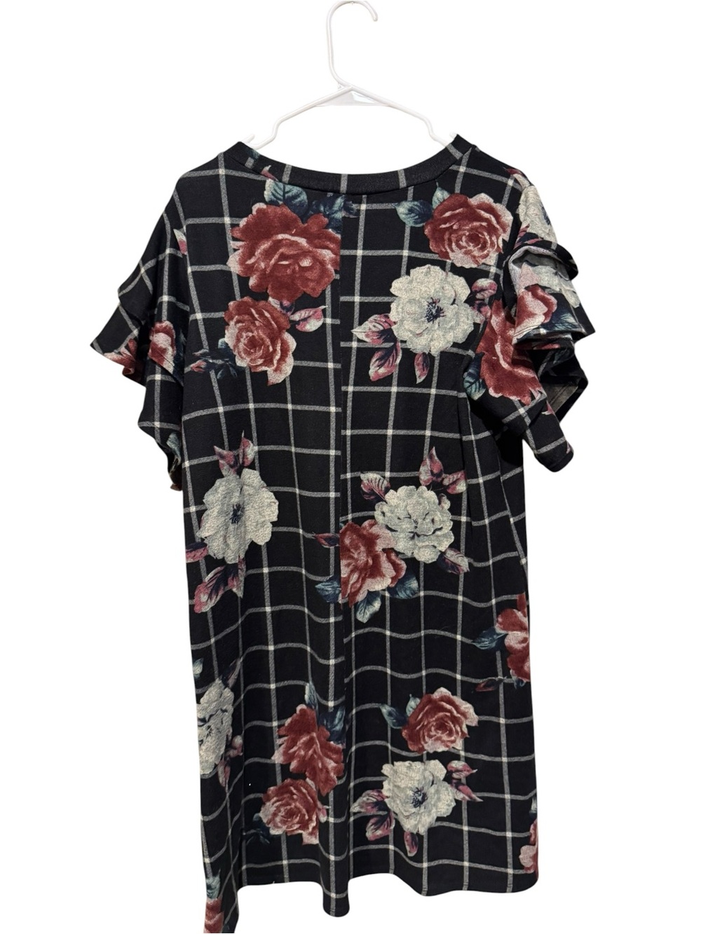 Luxology Black Grid Floral Mini Dress with Ruffled Sleeves - Picture 2 of 2